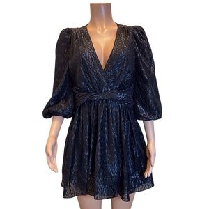 Do+Be Black Shimmer Puff Sleeve Wrap Mini Dress Size M Party Cocktail Holiday